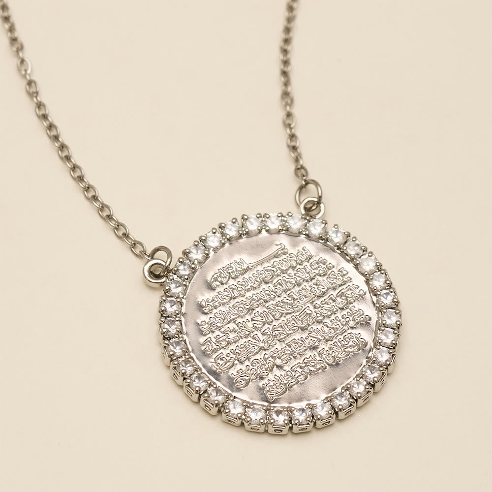 HilalHaven Radiant Round CodexNaskh Ayatul Kursi Script Zircon Framed Round Medallion Necklace - image 5