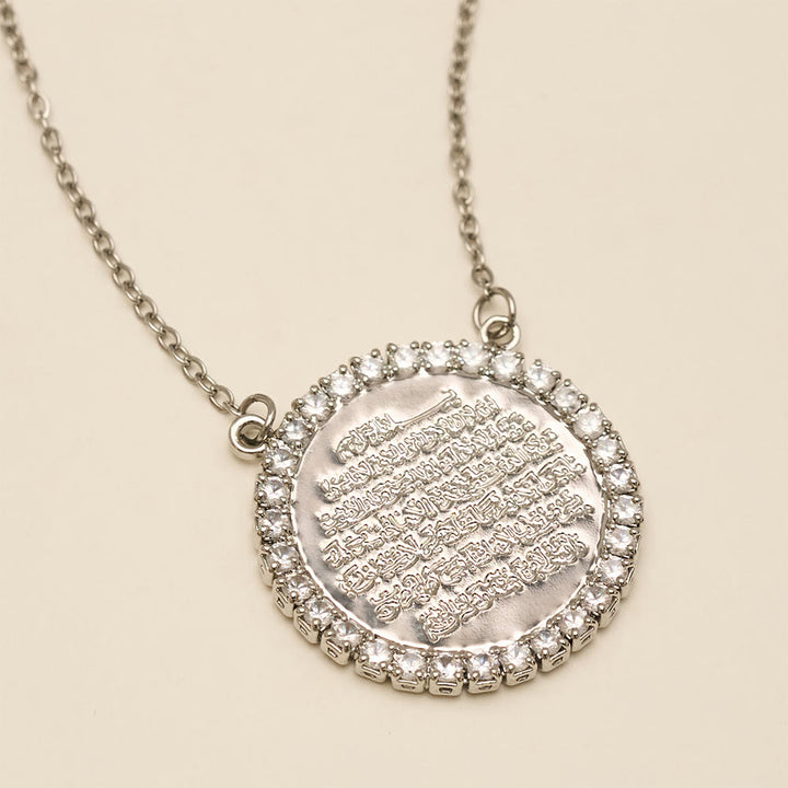 HilalHaven Radiant Round CodexNaskh Ayatul Kursi Script Zircon Framed Round Medallion Necklace - image 5