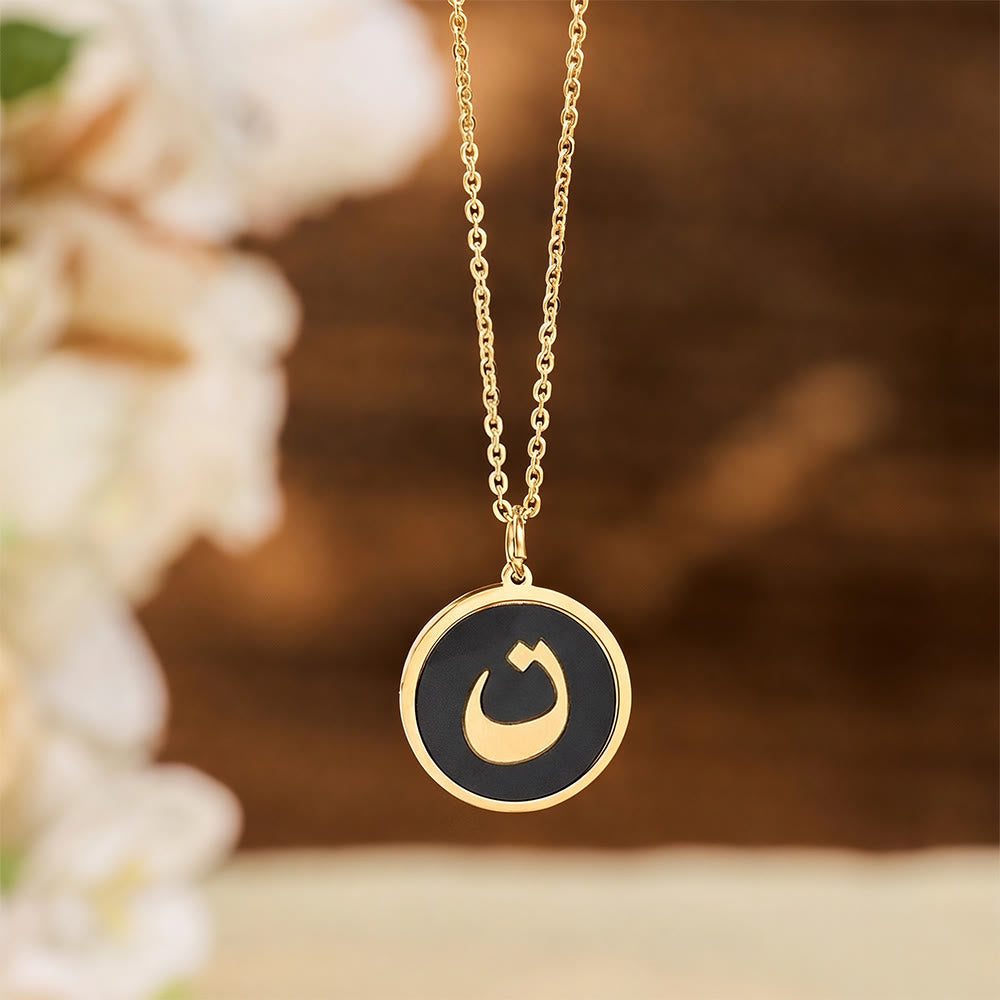 HilalHaven Script Whisper Monogram Engraved Jewelry Set — Minimalist Titanium Steel Disc Necklace &amp; Stud Earrings - Nun(N)|ن - image 7