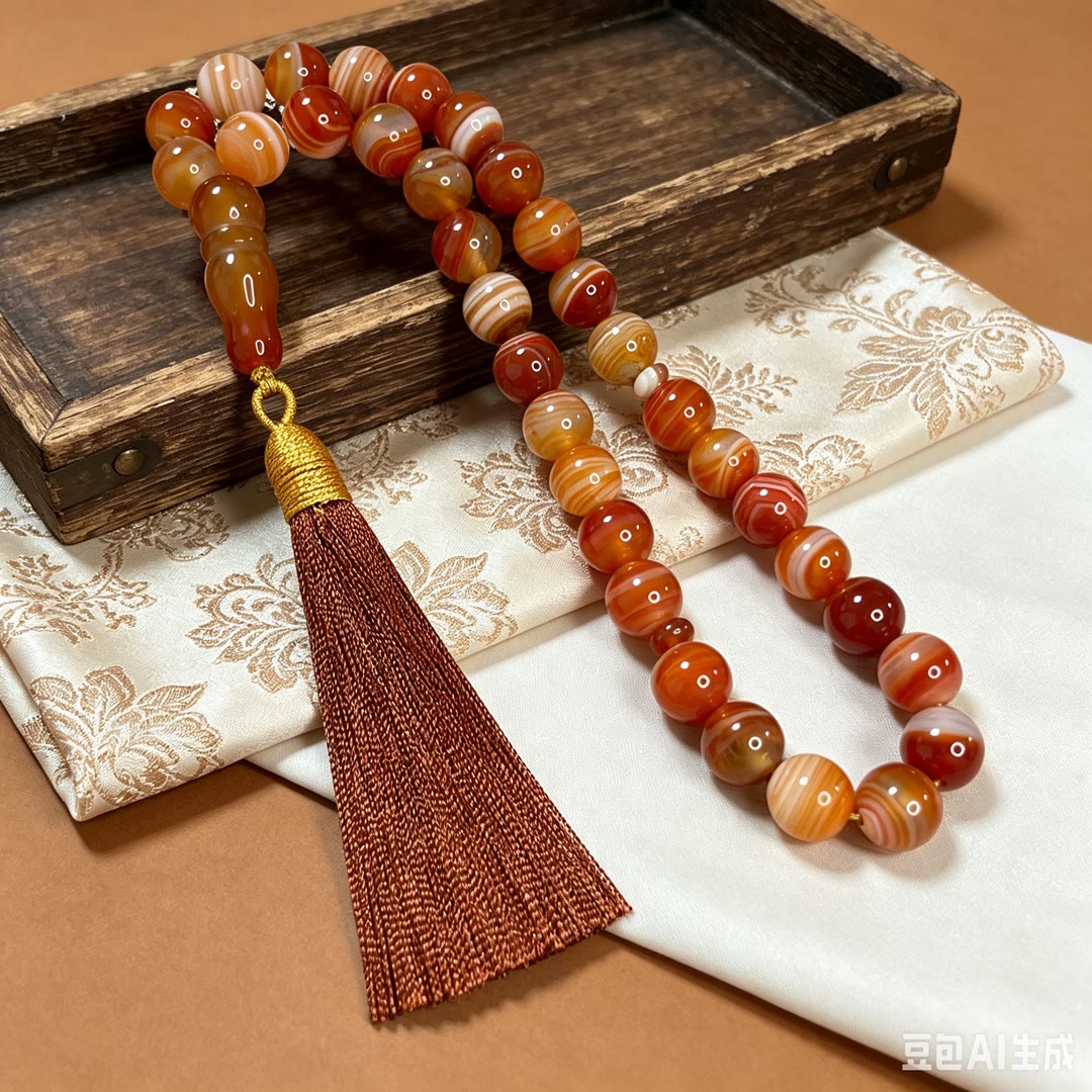 HilalHaven Layered Hush Banded Agate 33 Beads Tasbih— Hand Polished Natural Stone Tasbih - Traditional Tasbih Tassel(With No Gift Box) - image 3