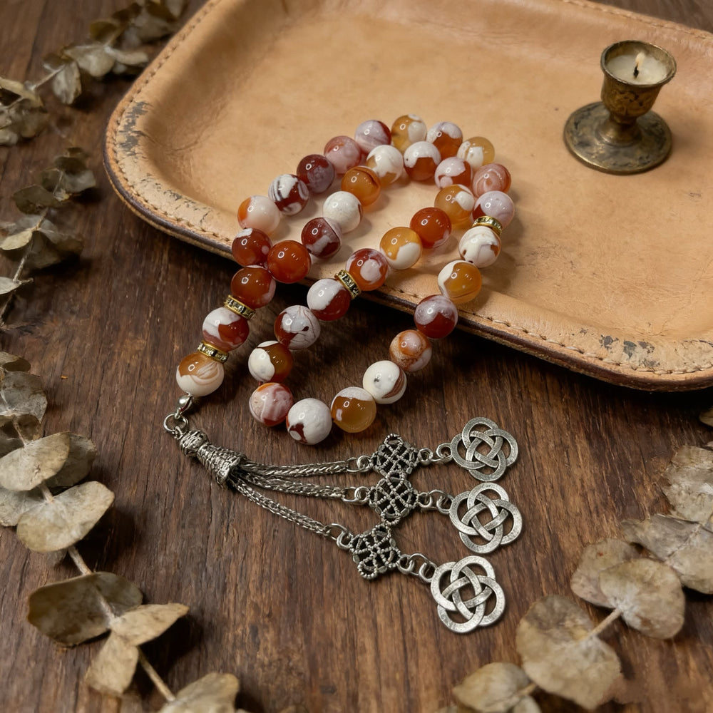 HilalHaven Blush Vein Floral Agate 33 Beads Tasbih — Hand Polished Natural Stone Tasbih - image 1