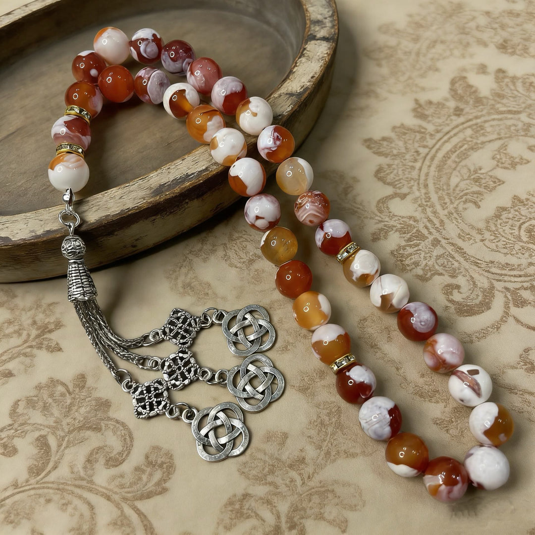 HilalHaven Blush Vein Floral Agate 33 Beads Tasbih — Hand Polished Natural Stone Tasbih - 33 Beads Tasbih - image 2