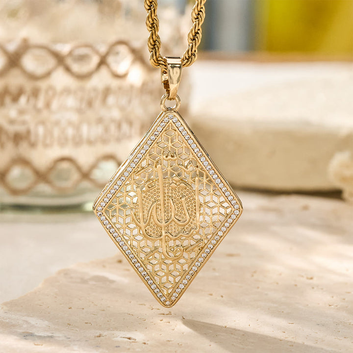 HilalHaven Lattice Talisman Rhombus Allah Engraved Pendant Necklace  - Golden - image 2