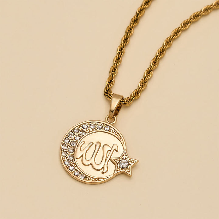 HilalHaven Lunar Crest Allah Zircon Border Medallion Pendant Necklace - image 5