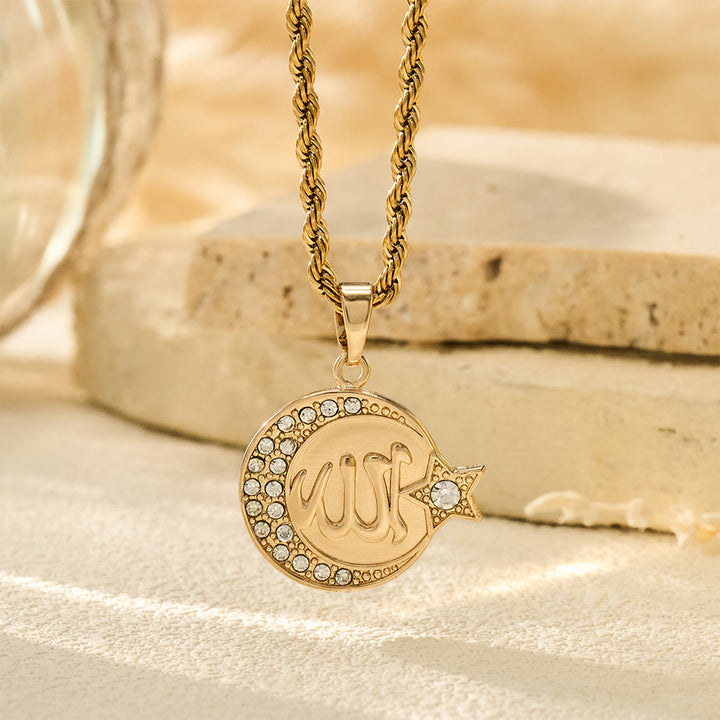 HilalHaven Lunar Crest Allah Zircon Border Medallion Pendant Necklace - image 3