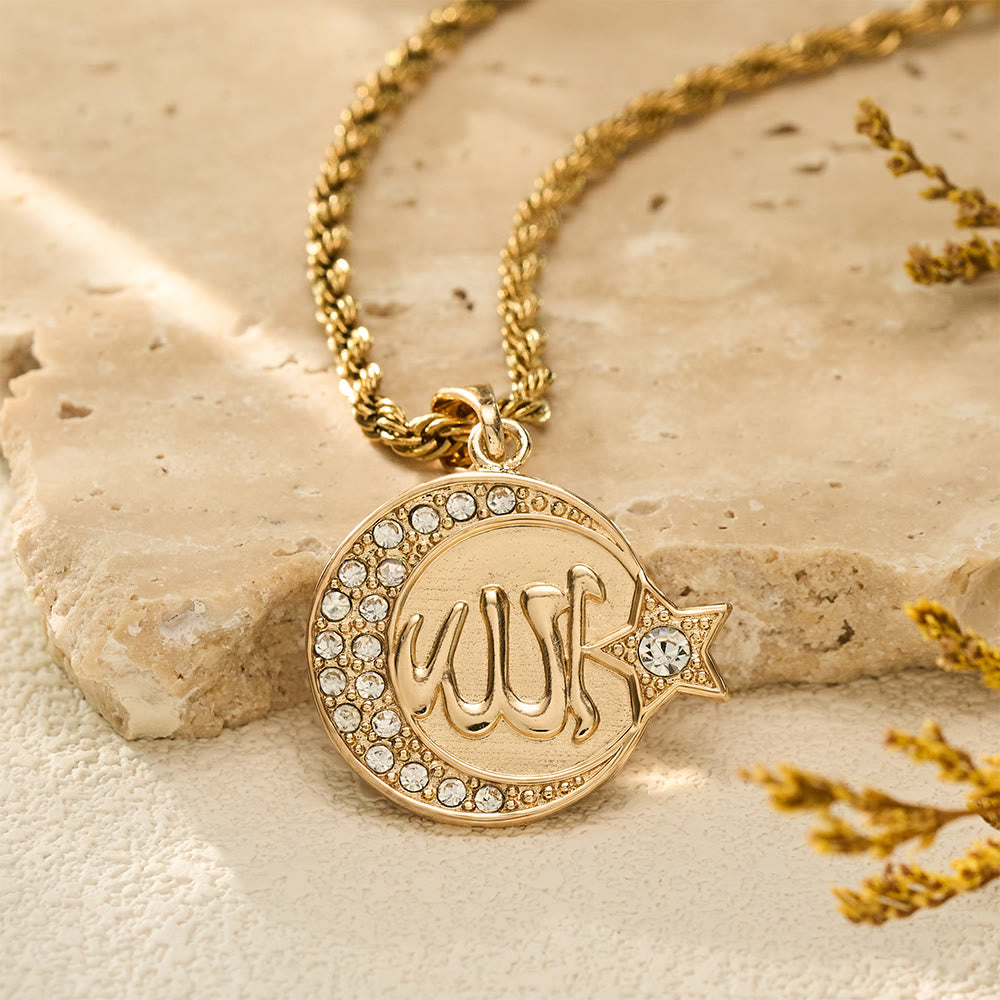 HilalHaven Lunar Crest Allah Zircon Border Medallion Pendant Necklace - image 0