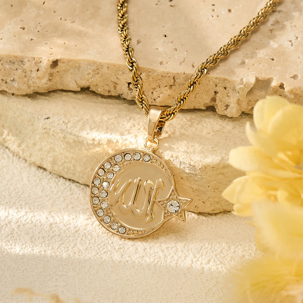 HilalHaven Lunar Crest Allah Zircon Border Medallion Pendant Necklace - image 1