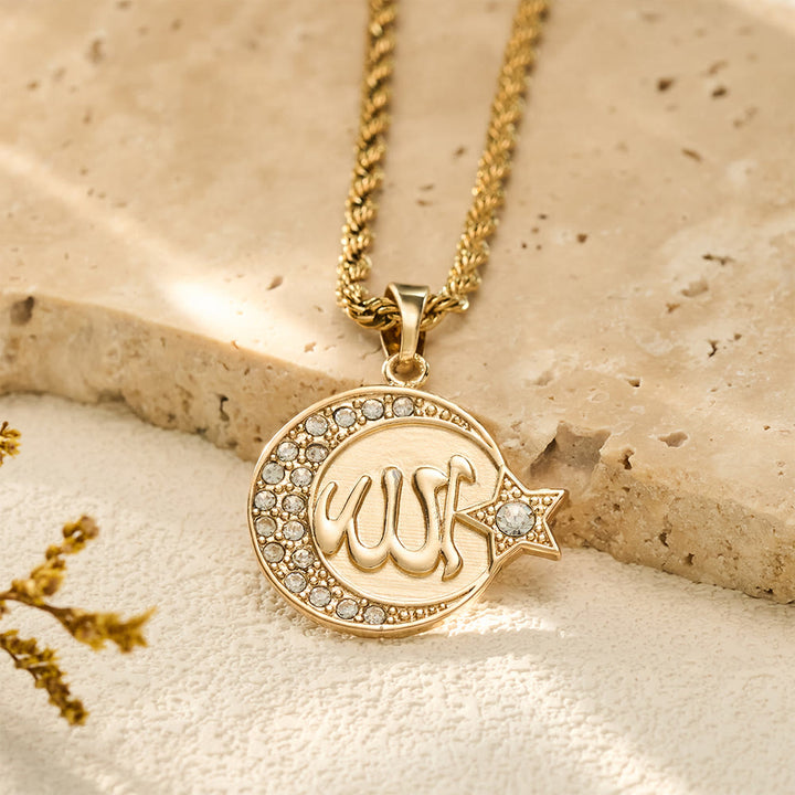 HilalHaven Lunar Crest Allah Zircon Border Medallion Pendant Necklace - image 2