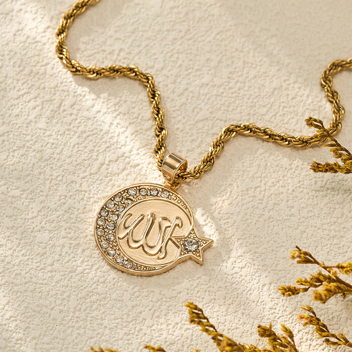HilalHaven Lunar Crest Allah Zircon Border Medallion Pendant Necklace - Golden - image 4