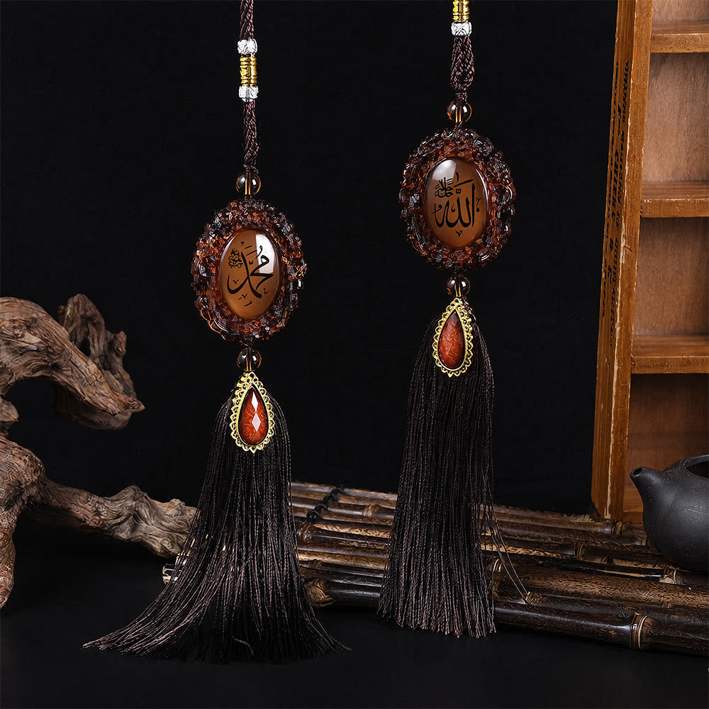 HilalHaven Twofold View Ornate Oval Cabochon Dual-Sided Tassel Car Pendant - Brown - image 2