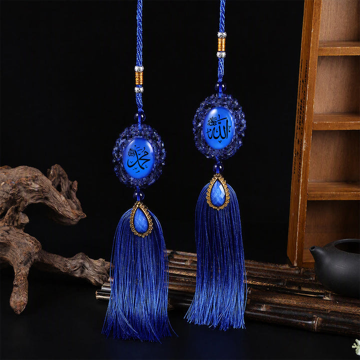 HilalHaven Twofold View Ornate Oval Cabochon Dual-Sided Tassel Car Pendant - Blue - image 8