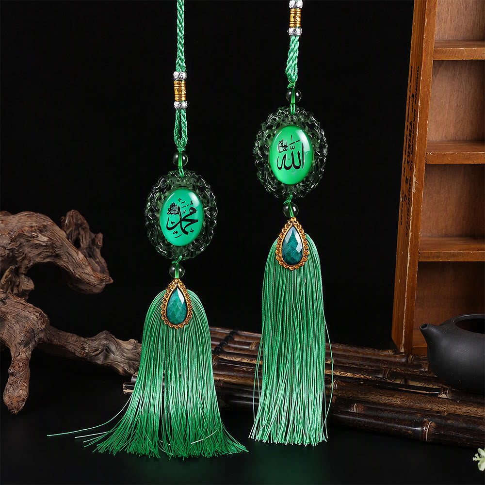 HilalHaven Twofold View Ornate Oval Cabochon Dual-Sided Tassel Car Pendant - Green - image 4