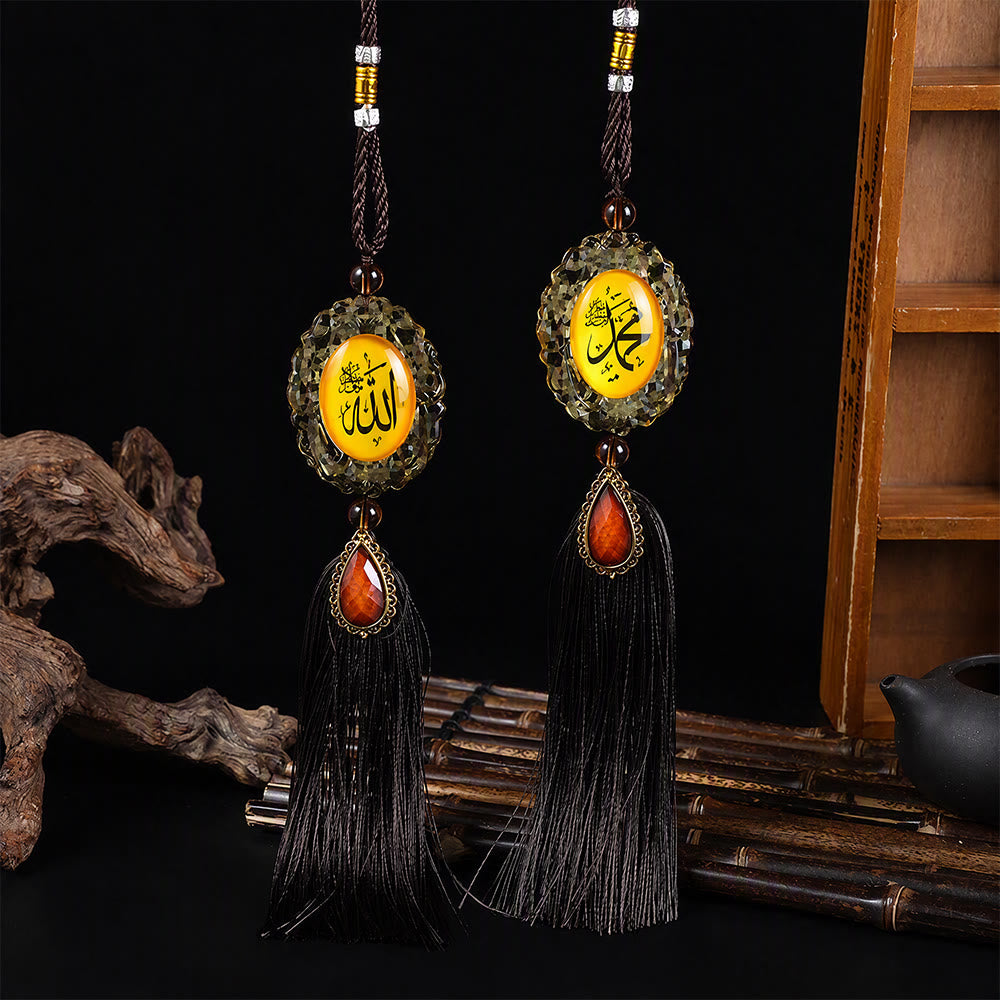 HilalHaven Twofold View Ornate Oval Cabochon Dual-Sided Tassel Car Pendant - Black - image 10