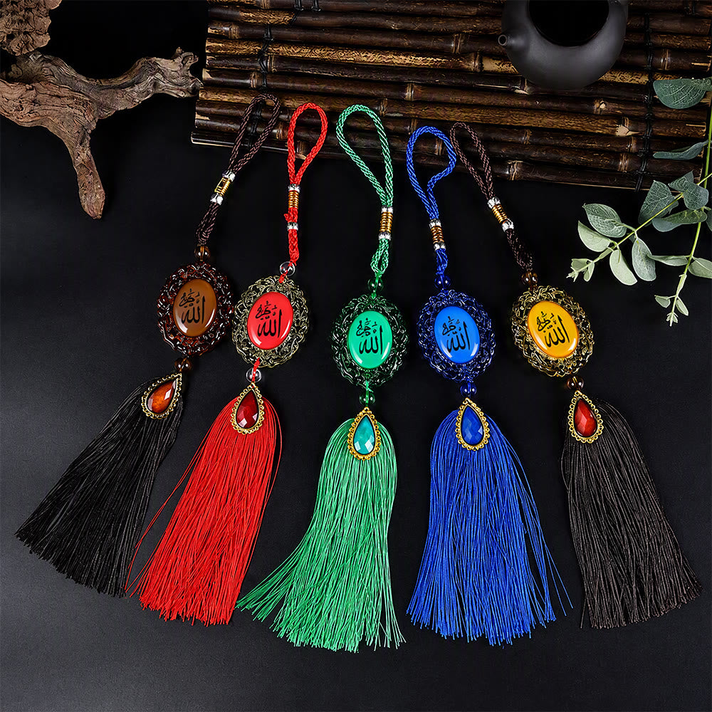 HilalHaven Twofold View Ornate Oval Cabochon Dual-Sided Tassel Car Pendant - image 1
