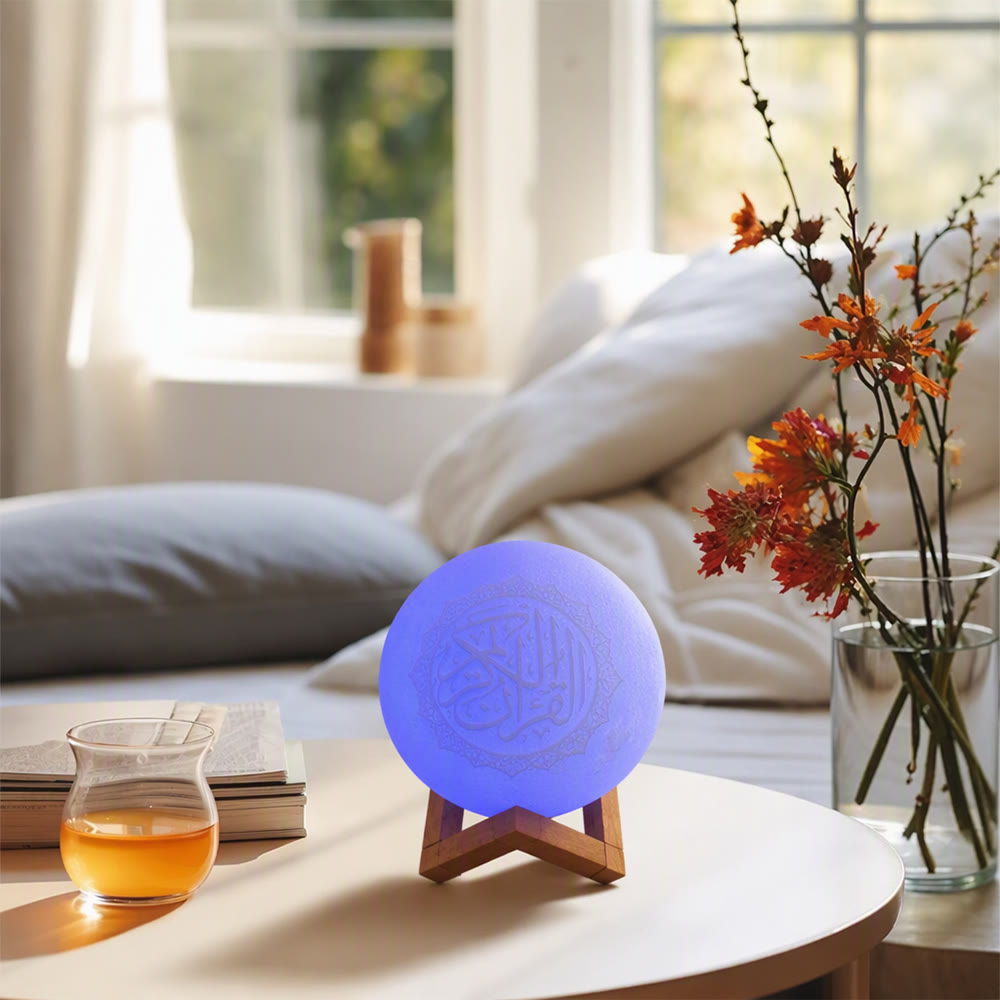 HilalHaven Lunar Verse Engraved Sphere Ambient Lamp — Multi-Color Touch Night Light with Wooden Stand - Lamp (Without Audio Function) - Moon - image 3