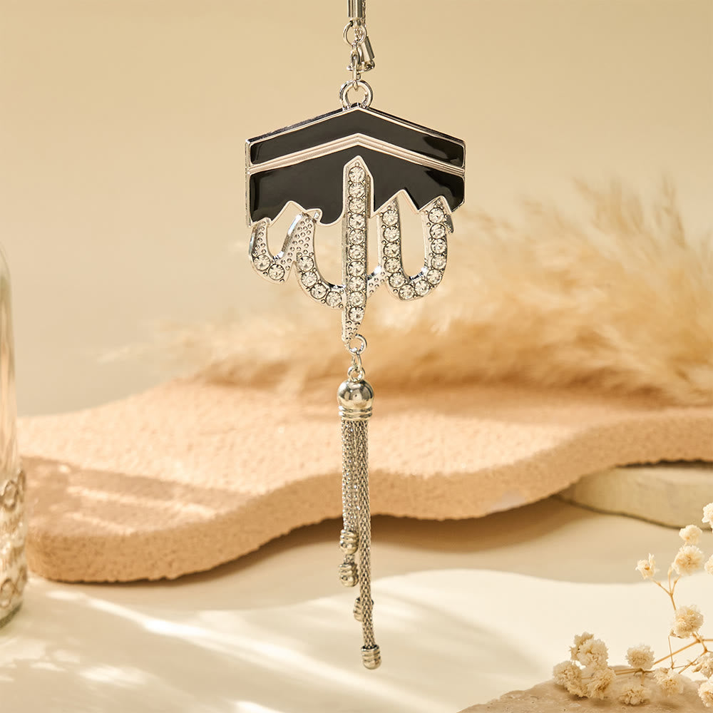 HilalHaven Kaaba Silhouette Allah Enamel Tassel Car Pendant - Silver - image 8