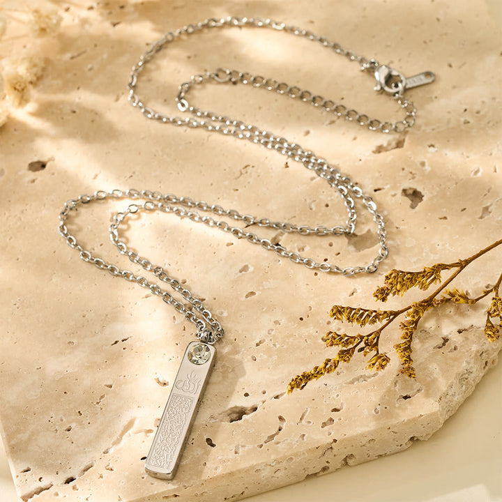 HilalHaven Slender Seal Bar Detailed Calligraphy Bar Necklace - Silver - image 7