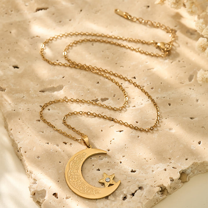 HilalHaven Celestial Arc Engraved Crescent &amp; Star Charm Necklace - Golden - image 2