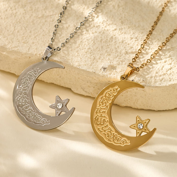 HilalHaven Celestial Arc Engraved Crescent &amp; Star Charm Necklace - image 0