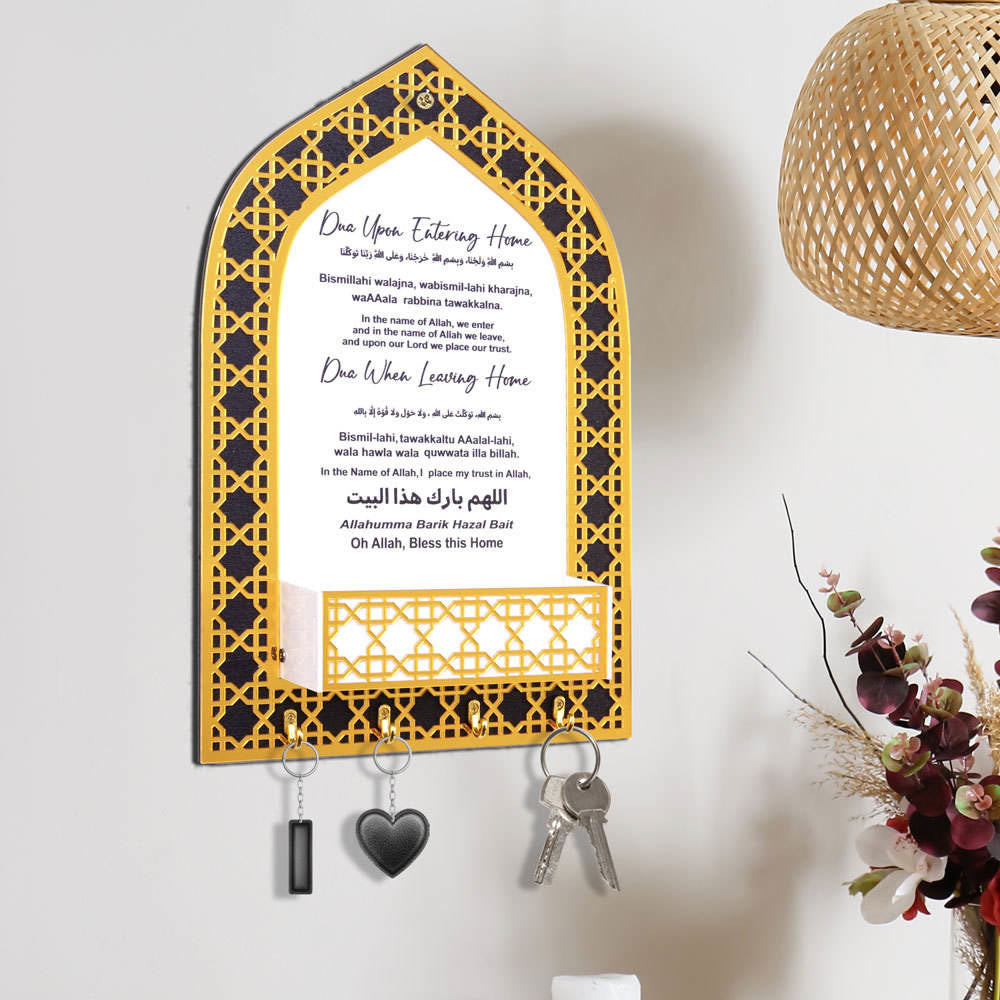 HilalHaven Hearth Repository Lattice‑Arch Wooden Key & Mail Holder - Golden - image 0