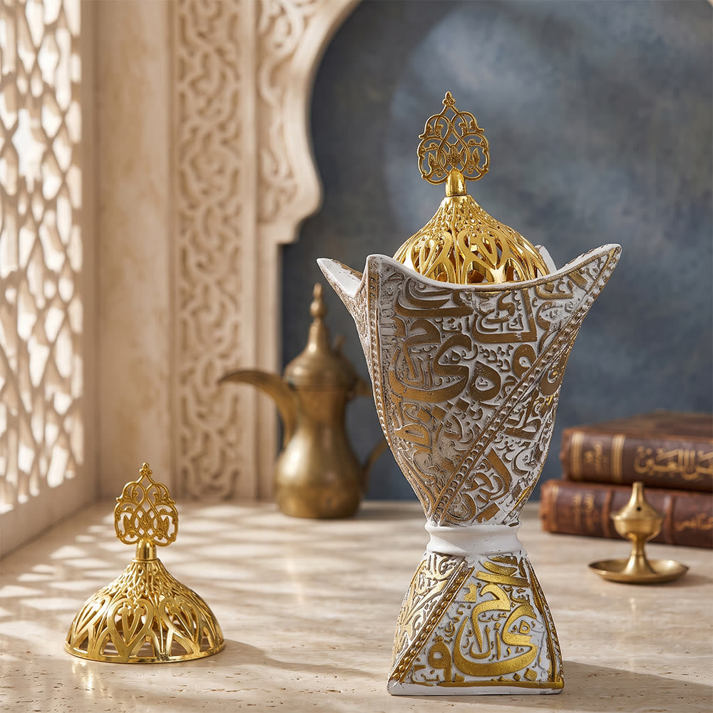 HilalHaven "Scripted Aura" Carved Resin Incense Bakhoor Burner - White - image 6