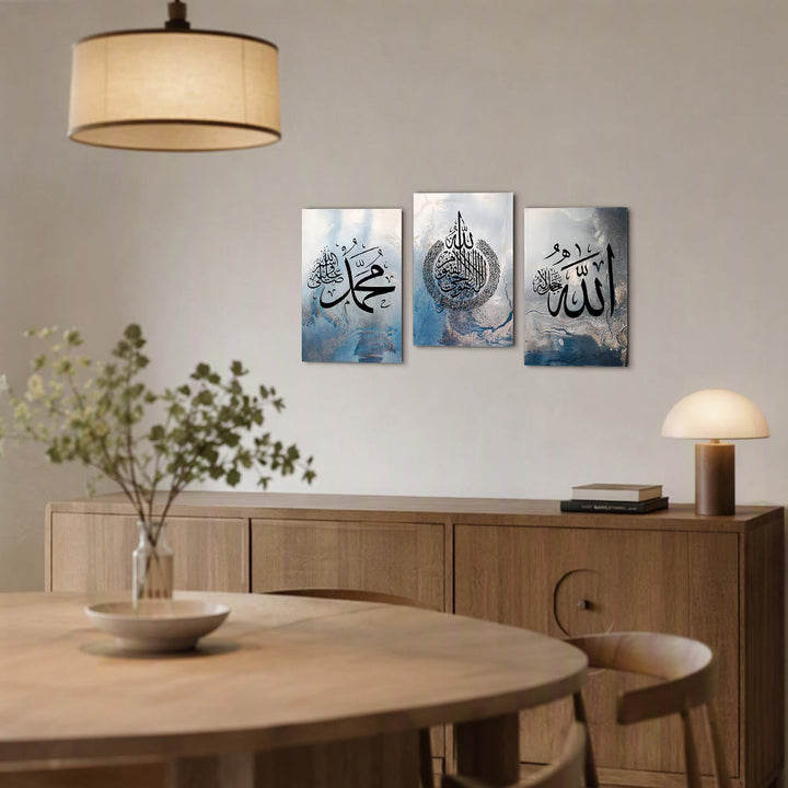 HilalHaven Azure Whisper‑Triptych Calligraphic Canvas Wall Art - image 2