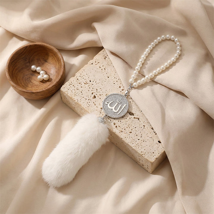 HilalHaven Peaceful Sway Allah Luxe Pearl &amp; Plush Car Pendant - Silver - image 9