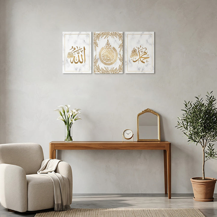 HilalHaven Marble Laurel Trio Canvas Wall Art — Golden‑Tone Calligraphy Three‑Piece Wall Decor Set - image 1