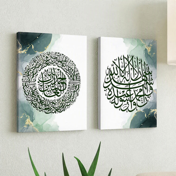 HilalHaven Emerald Mist Two‑Piece Circular Calligraphy Canvas Wall Art — Marble‑Ink Gold‑Veined Dual‑Panel Wall Decor Set - Stretched Canvas - image 0