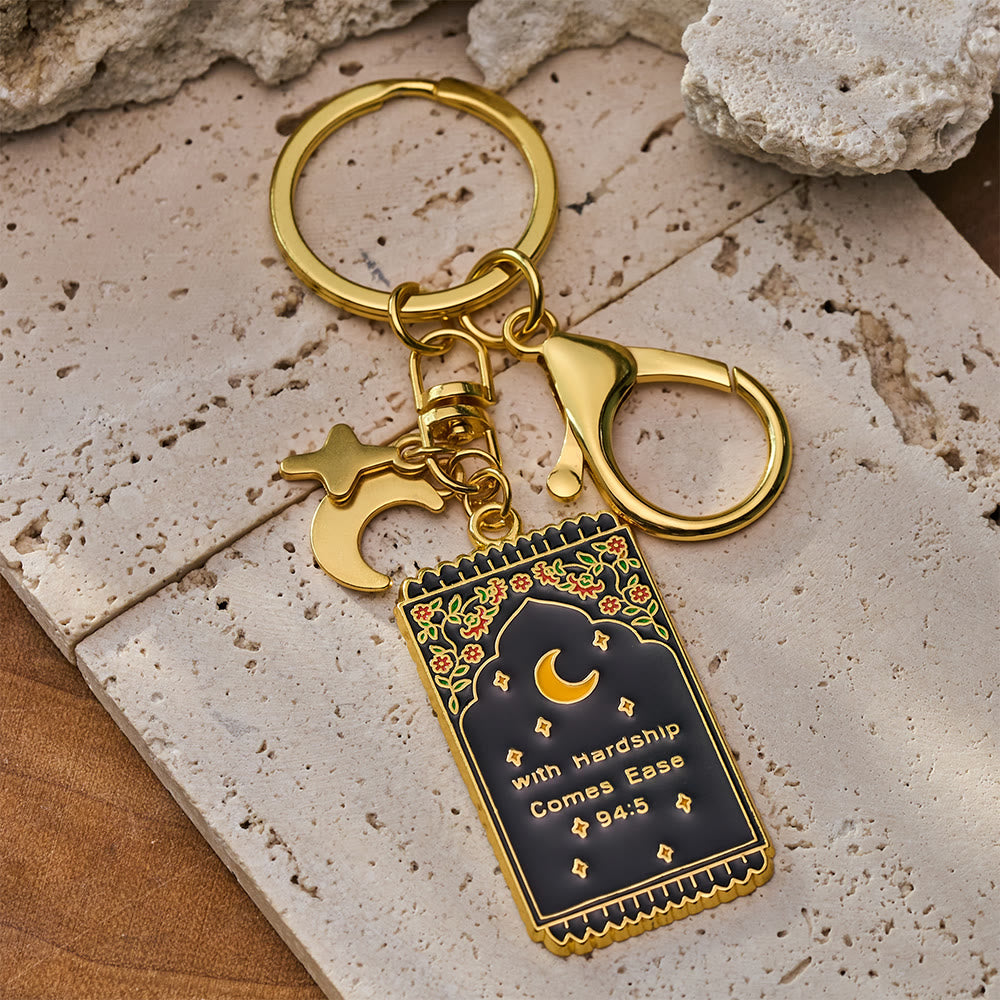 HilalHaven "With Hardship Comes Ease" Gentle Assurance  Floral‑Bordered Charm with Moon‑Star Accent Enamel Keychain - Black - image 11