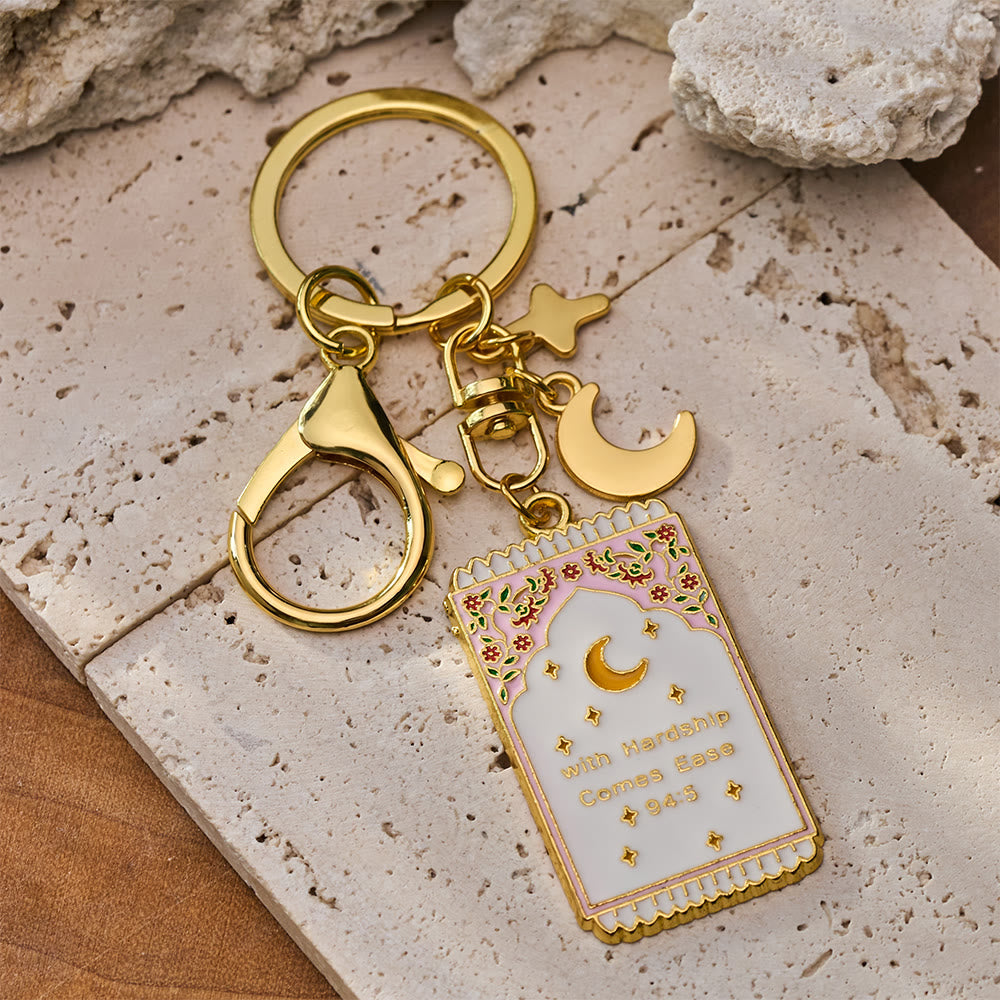 HilalHaven "With Hardship Comes Ease" Gentle Assurance  Floral‑Bordered Charm with Moon‑Star Accent Enamel Keychain - White - image 3