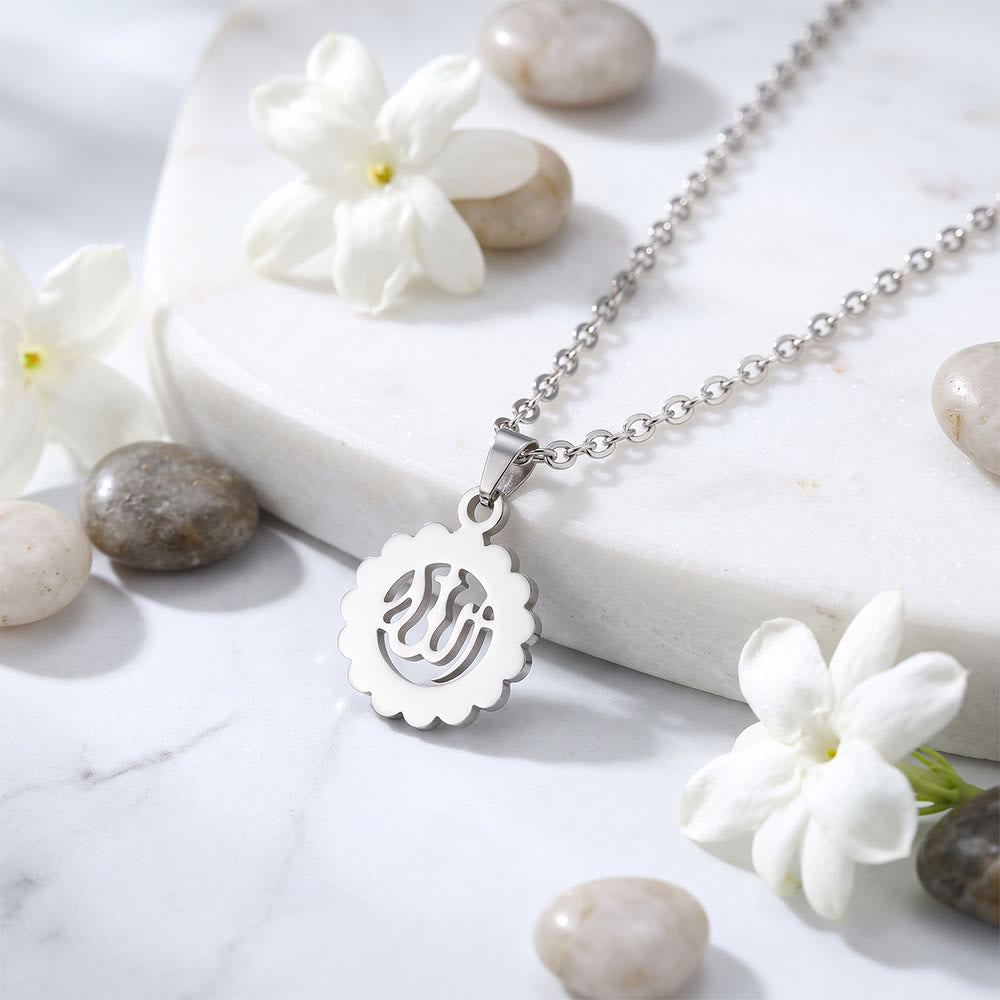 HilalHaven Sacred Whisper Allah Cut‑Out Calligraphic Pendant Necklace - Silver - Flower - image 11
