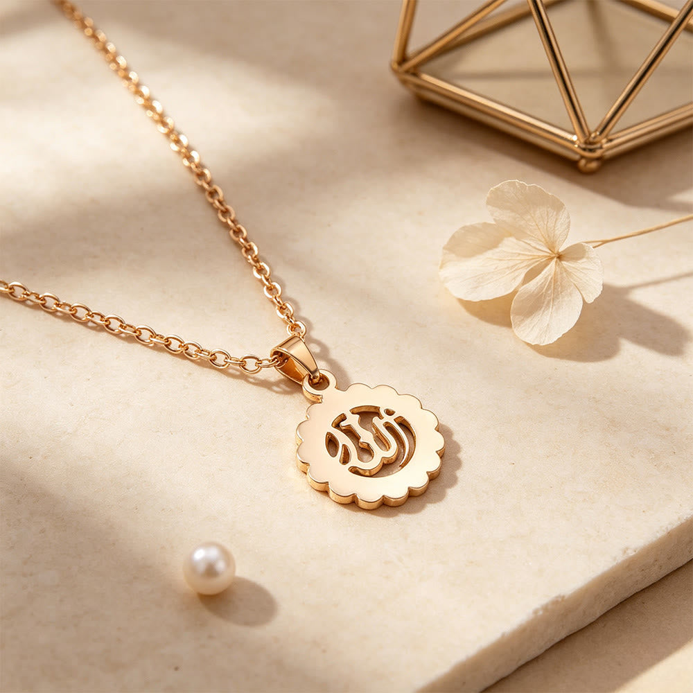 HilalHaven Sacred Whisper Allah Cut‑Out Calligraphic Pendant Necklace - Rose Golden - Flower - image 12