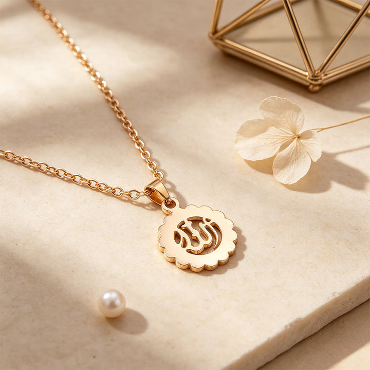 HilalHaven Sacred Whisper Allah Cut‑Out Calligraphic Pendant Necklace - Rose Golden - Flower - image 12