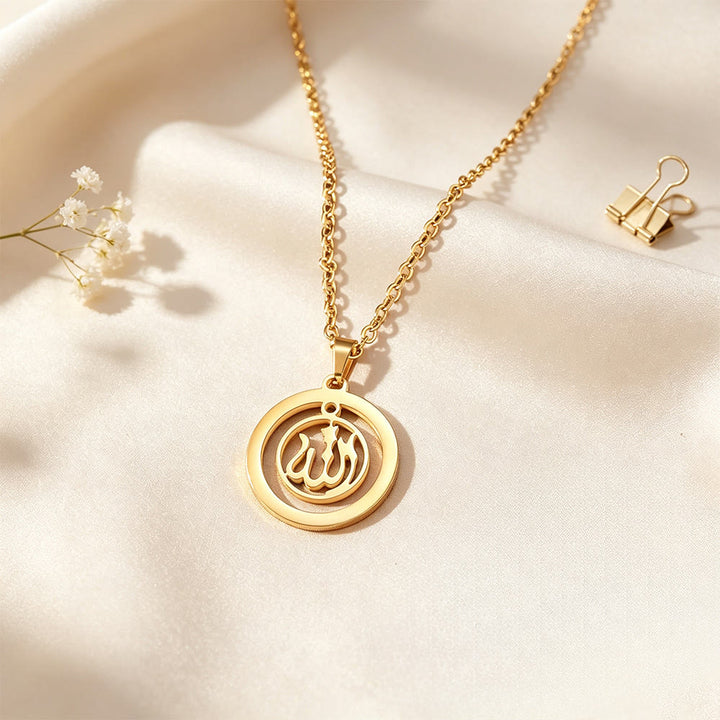 HilalHaven Sacred Whisper Allah Cut‑Out Calligraphic Pendant Necklace - Golden - Round - image 1