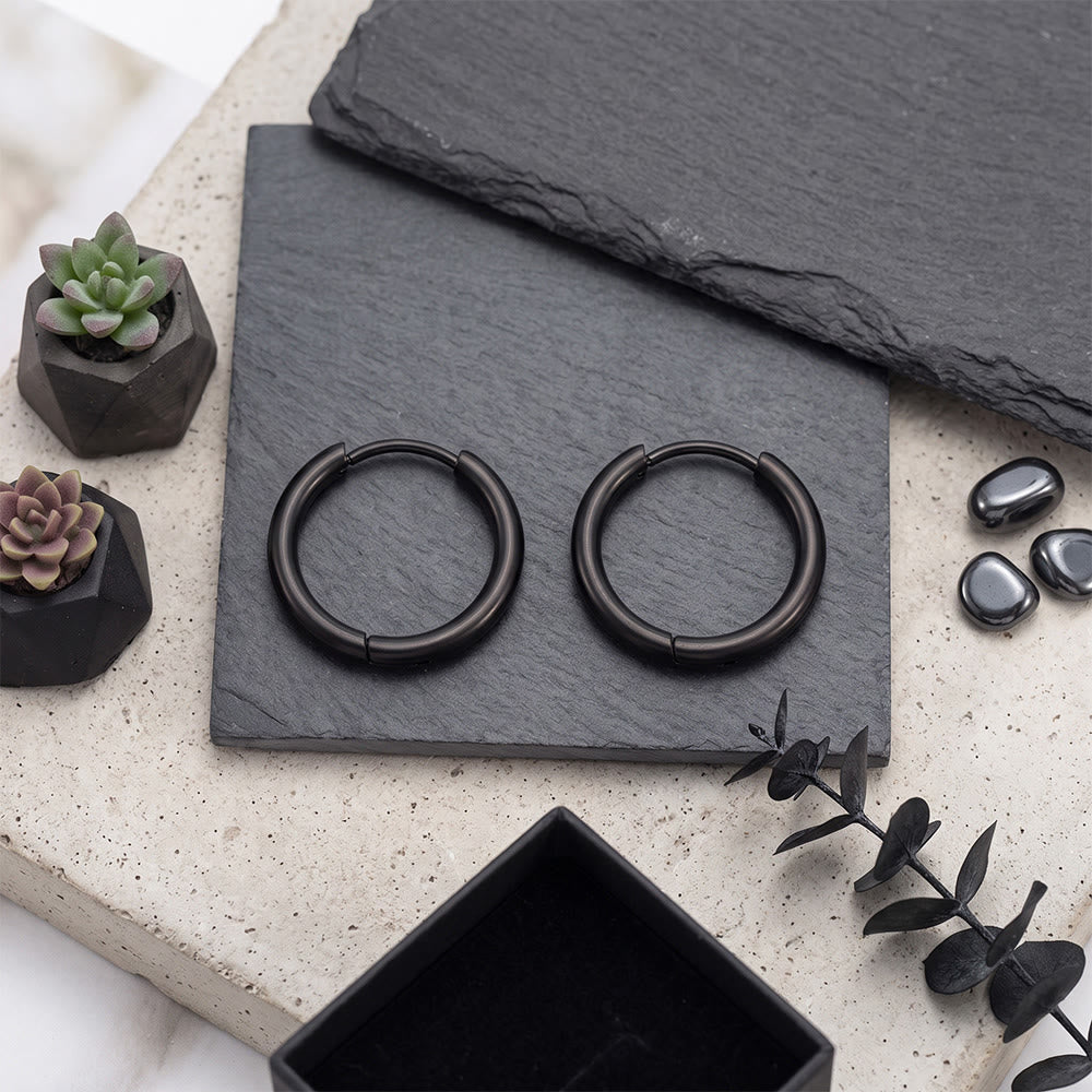 HilalHaven Circal Calm Minimalist Hoop Earrings‑ Polished Unisex Titanium Steel Click‑Loop Ear Rings - Black - 0.78&