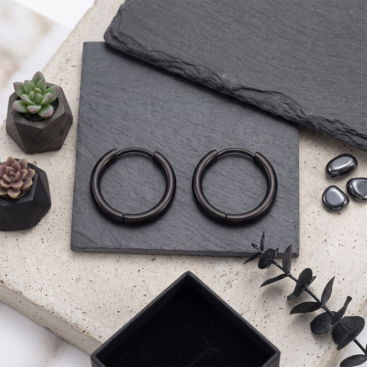 HilalHaven Circal Calm Minimalist Hoop Earrings‑ Polished Unisex Titanium Steel Click‑Loop Ear Rings - Black - 0.78&