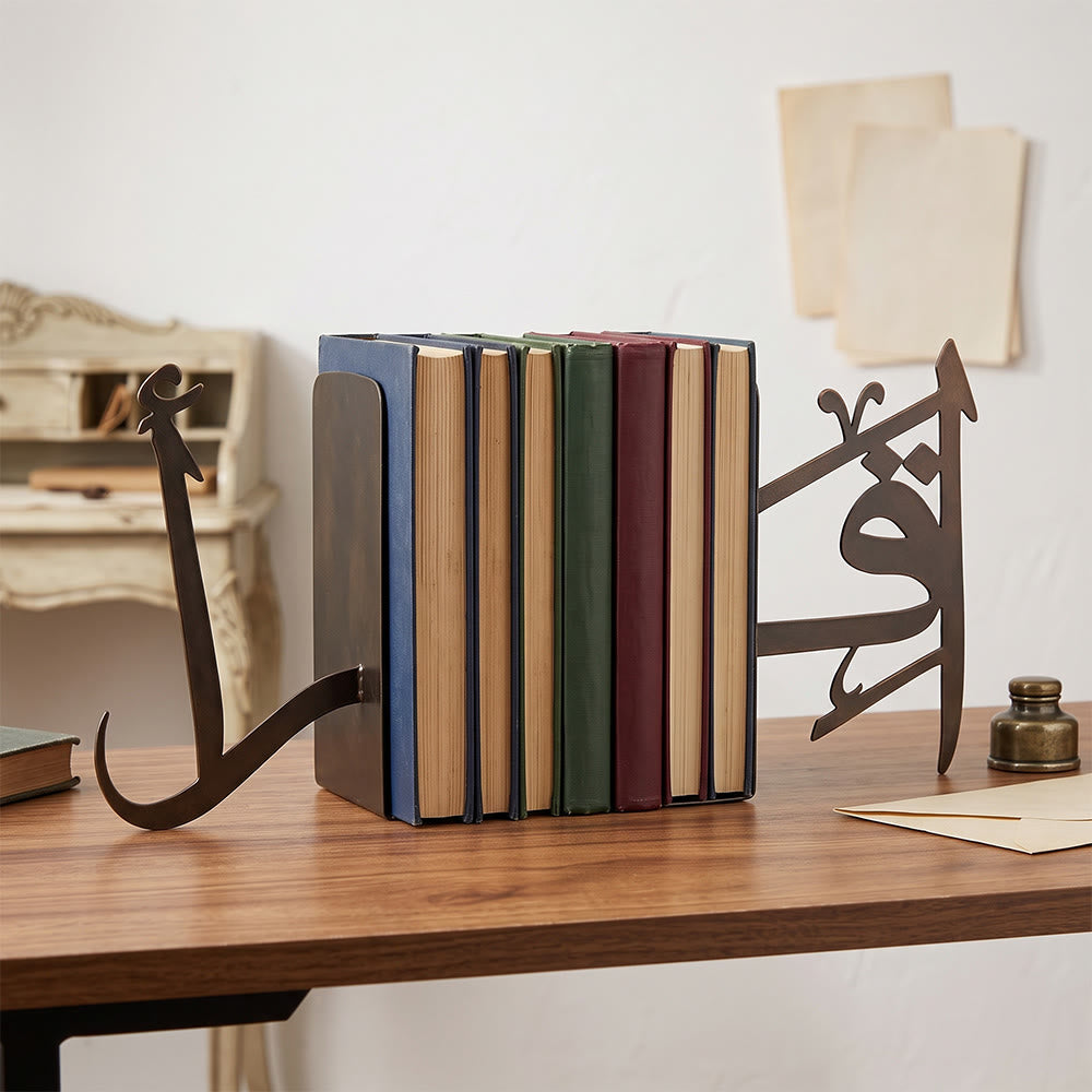 HilalHaven Calligraphic Hush Metal Bookend Set‑ Elegant Laser‑Cut Iron Decorative Book Stopper Pair - Golden - image 2