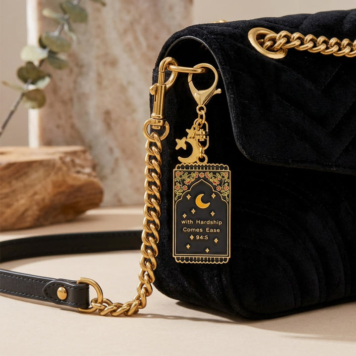 HilalHaven "With Hardship Comes Ease" Gentle Assurance  Floral‑Bordered Charm with Moon‑Star Accent Enamel Keychain - image 0