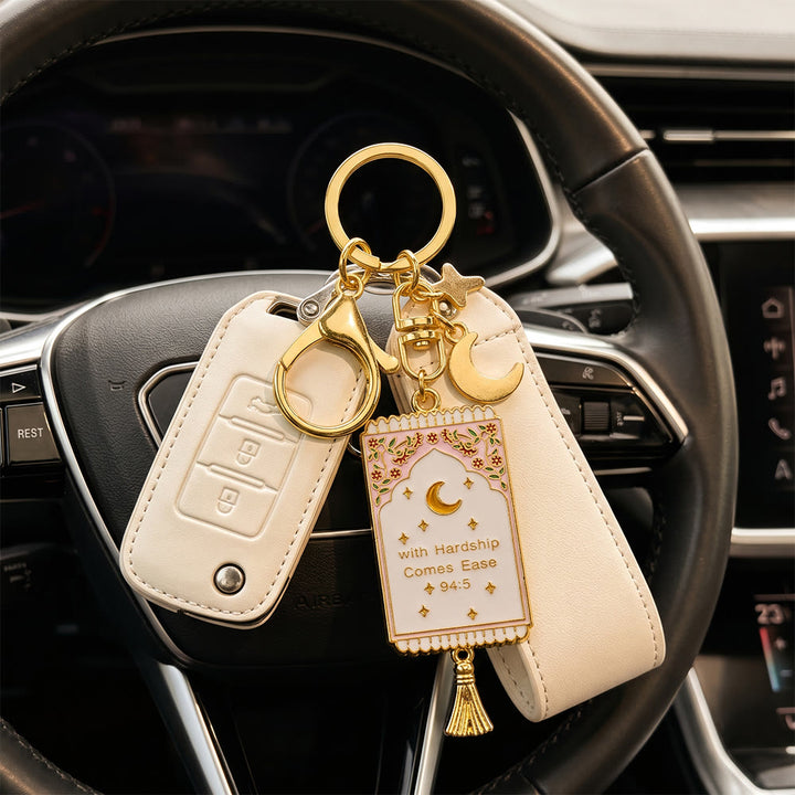 HilalHaven "With Hardship Comes Ease" Gentle Assurance  Floral‑Bordered Charm with Moon‑Star Accent Enamel Keychain - image 4