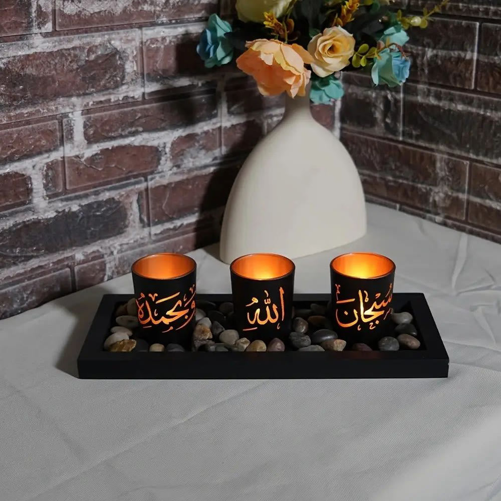 HilalHaven Flame‑Kissed Script Three‑Piece Glass Tealight Holder Set - 3‑Piece Black Set - image 1
