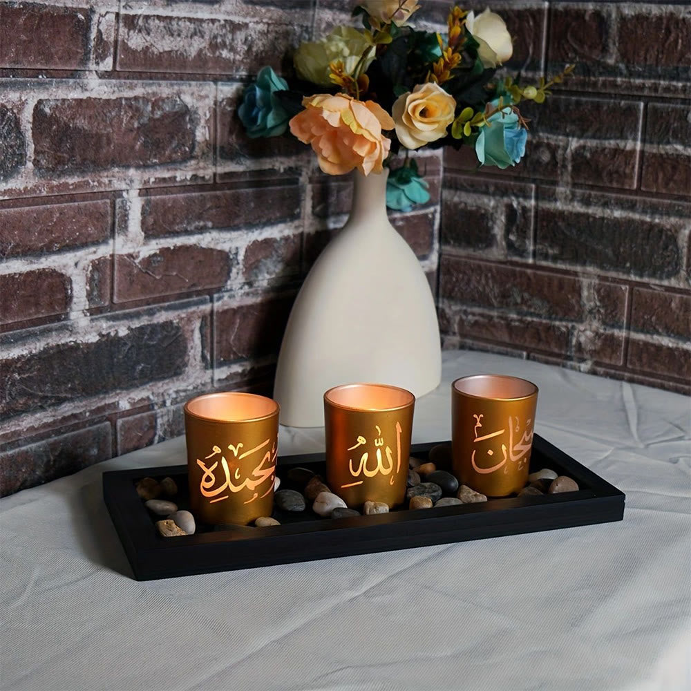 HilalHaven Flame‑Kissed Script Three‑Piece Glass Tealight Holder Set - 3‑Piece Golden Set - image 2