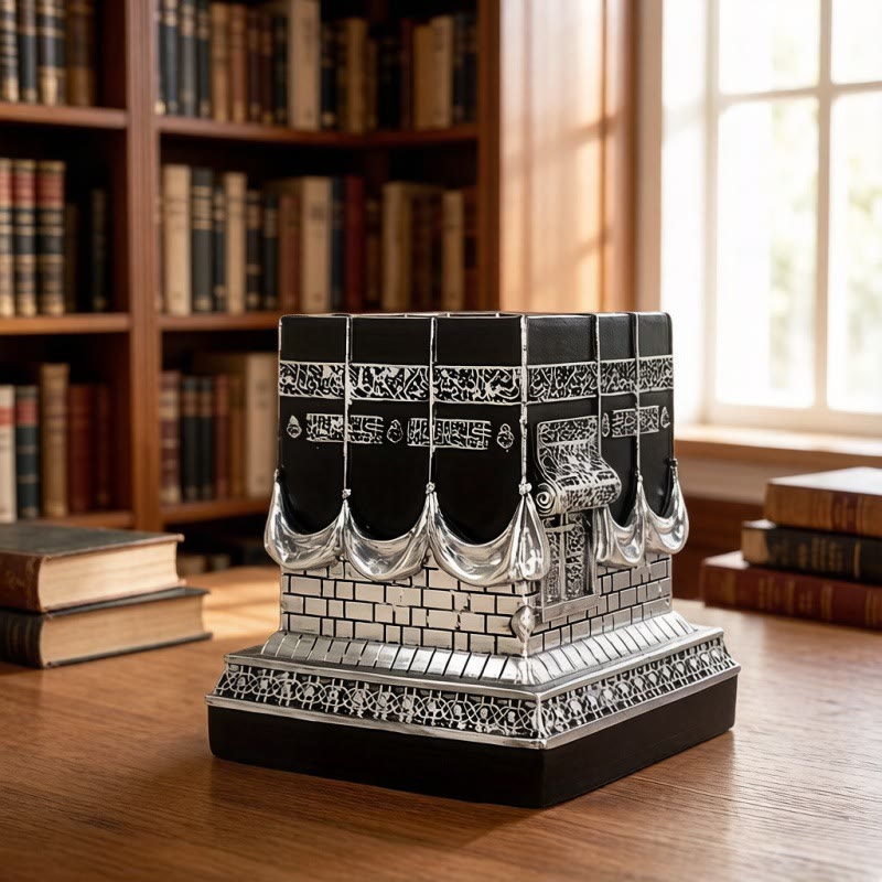 HilalHaven Sacred Horizon Cube‑Shaped Resin Table Sculpture — Ornate Detailed Desktop Decor Statue - Silver - image 0