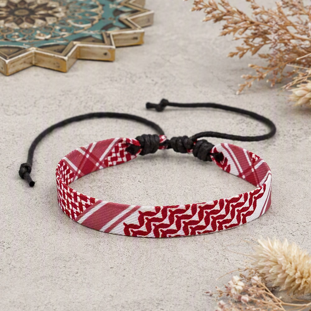 HilalHaven Heritage Weave Palestine Keffiyeh Unisex Woven Fabric Bracelet - Red - image 3