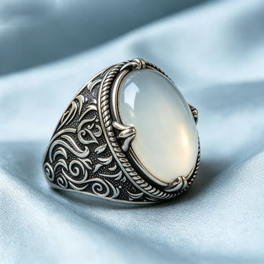 HilalHaven Lunar Veil Intricate Scroll‑Engraved Cabochon Statement Ring  - Silver - US13 - image 2