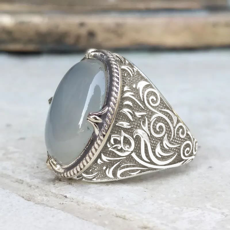 HilalHaven Lunar Veil Intricate Scroll‑Engraved Cabochon Statement Ring  - Silver - US13 - image 4
