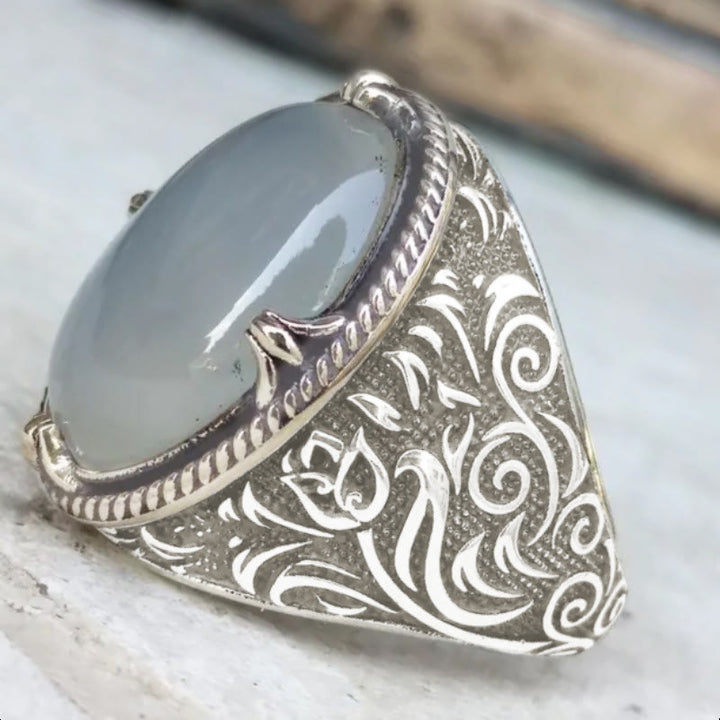 HilalHaven Lunar Veil Intricate Scroll‑Engraved Cabochon Statement Ring  - image 4
