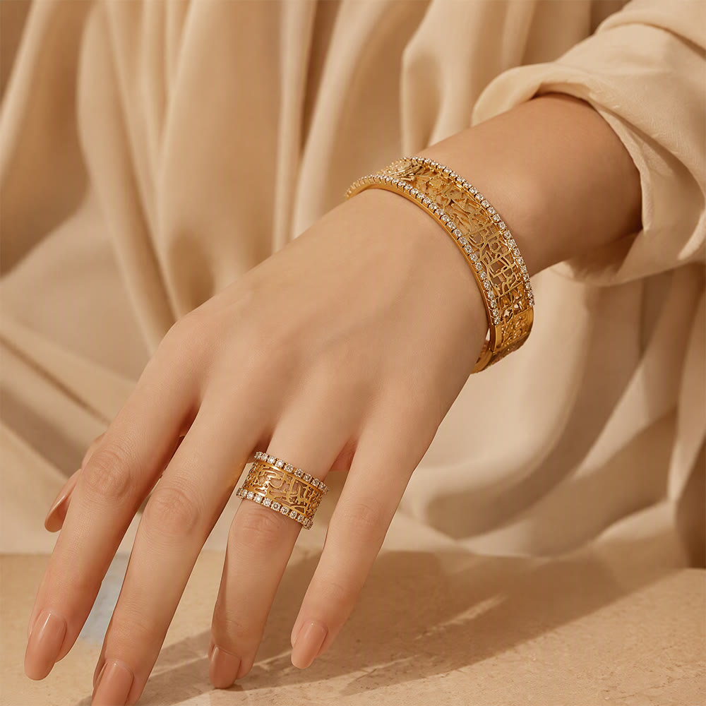HilalHaven Lace Script Open‑Work Band &amp; Bangle with Crystal Border Jewellery Set - image 0