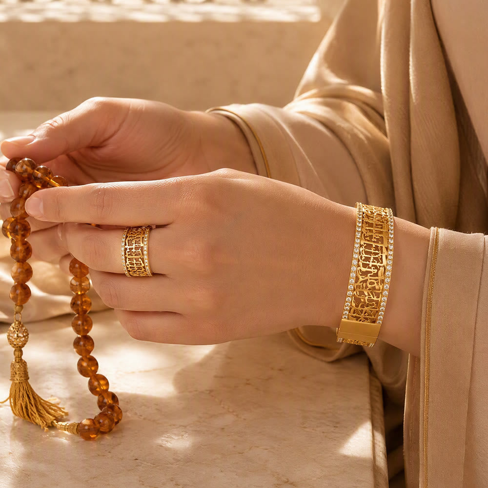 HilalHaven Lace Script Open‑Work Band &amp; Bangle with Crystal Border Jewellery Set - image 17