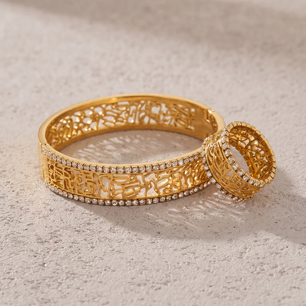 HilalHaven Lace Script Open‑Work Band & Bangle with Crystal Border Jewellery Set - image 1